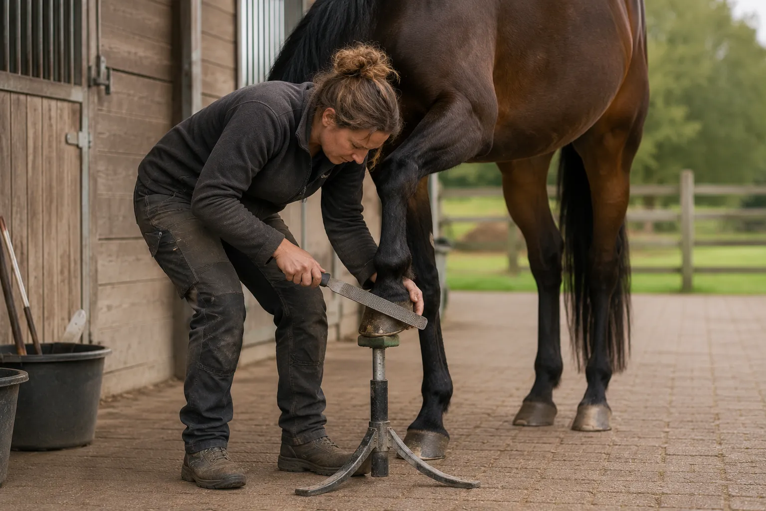 Een bekapper raspt de hoef van een paard op een hoefstandaard, bij de stal.