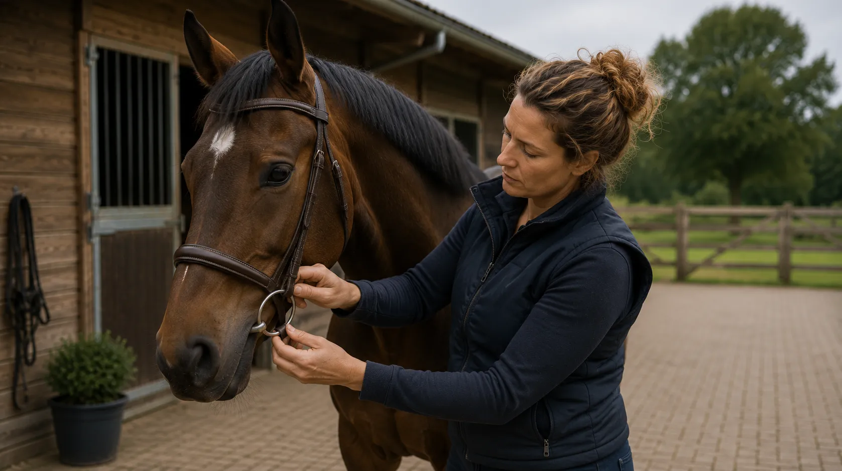 Een bitfitter past het bit en de teugelaansluiting aan bij een paard, bij de stal.