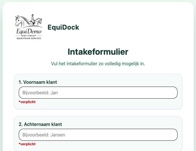 Digitaal intakeformulier van EquiDock waarin een klant vooraf gegevens invult.