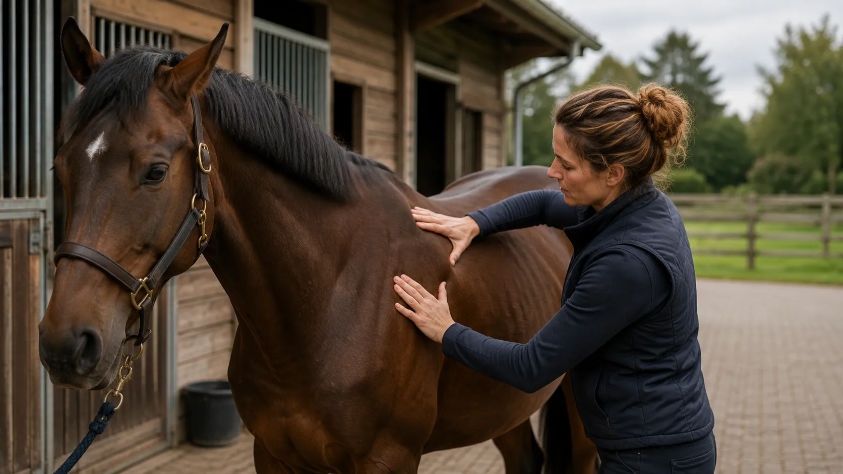 Een paardenfysiotherapeut onderzoekt de rug van een paard bij de stal.