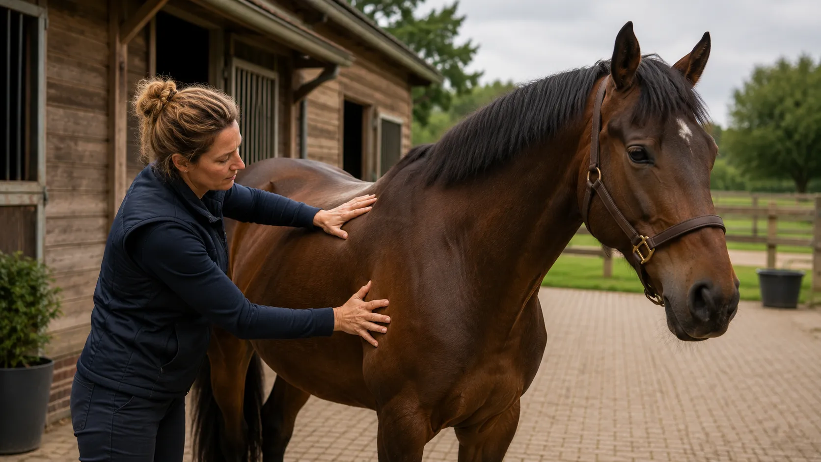 Een paardenosteopaat onderzoekt een paard bij de stal.