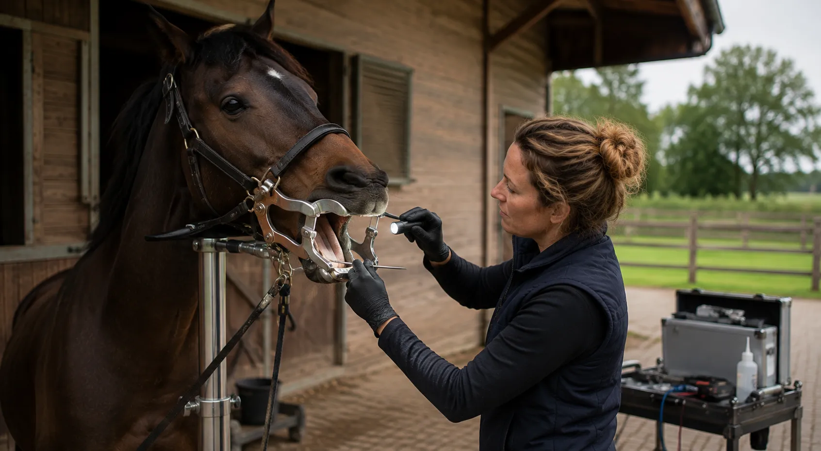 Een gebitscontrole bij een paard, met een speculum en een lampje.