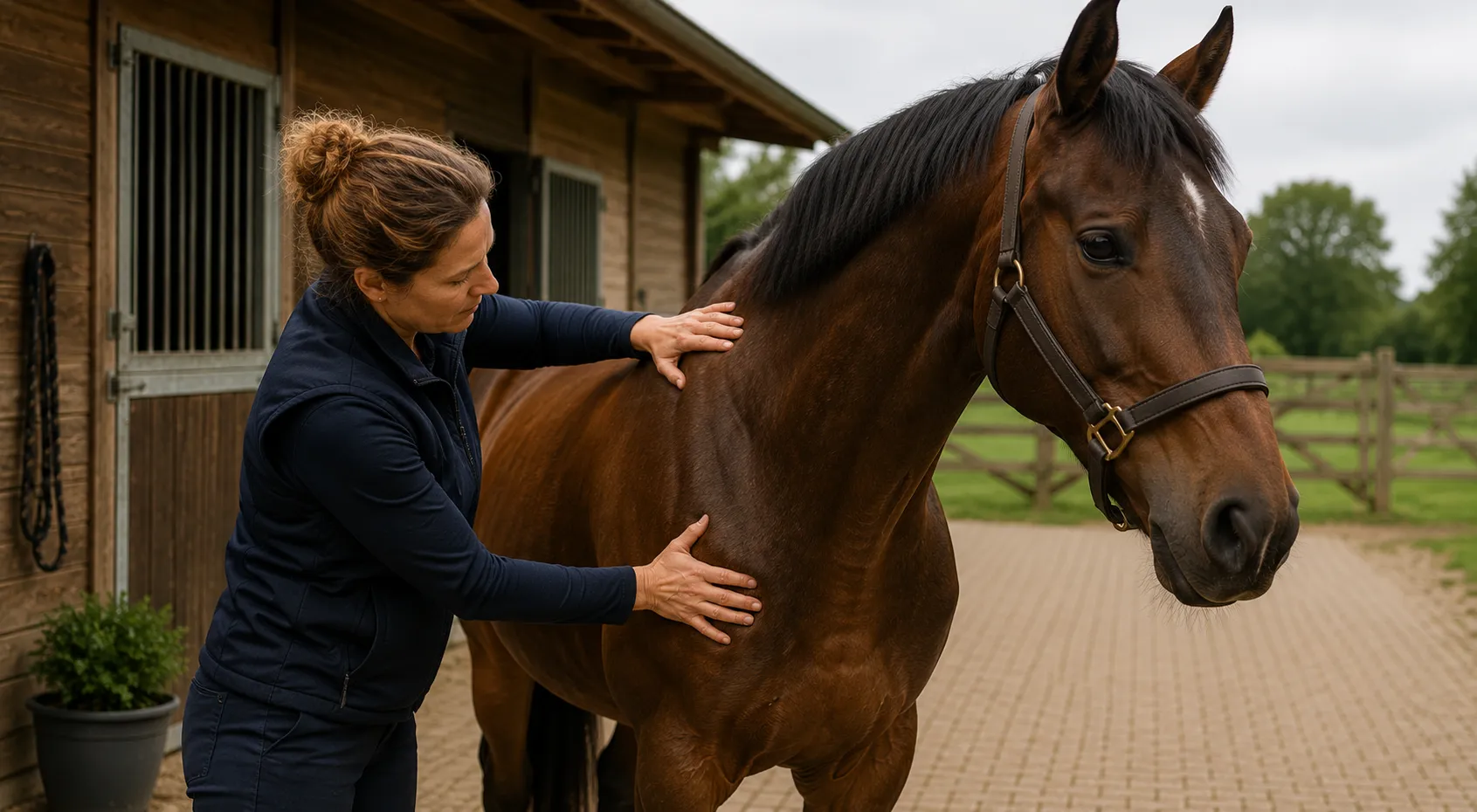 Een paardentherapeut onderzoekt met beide handen de rug en schoft van een paard, bij de stal.