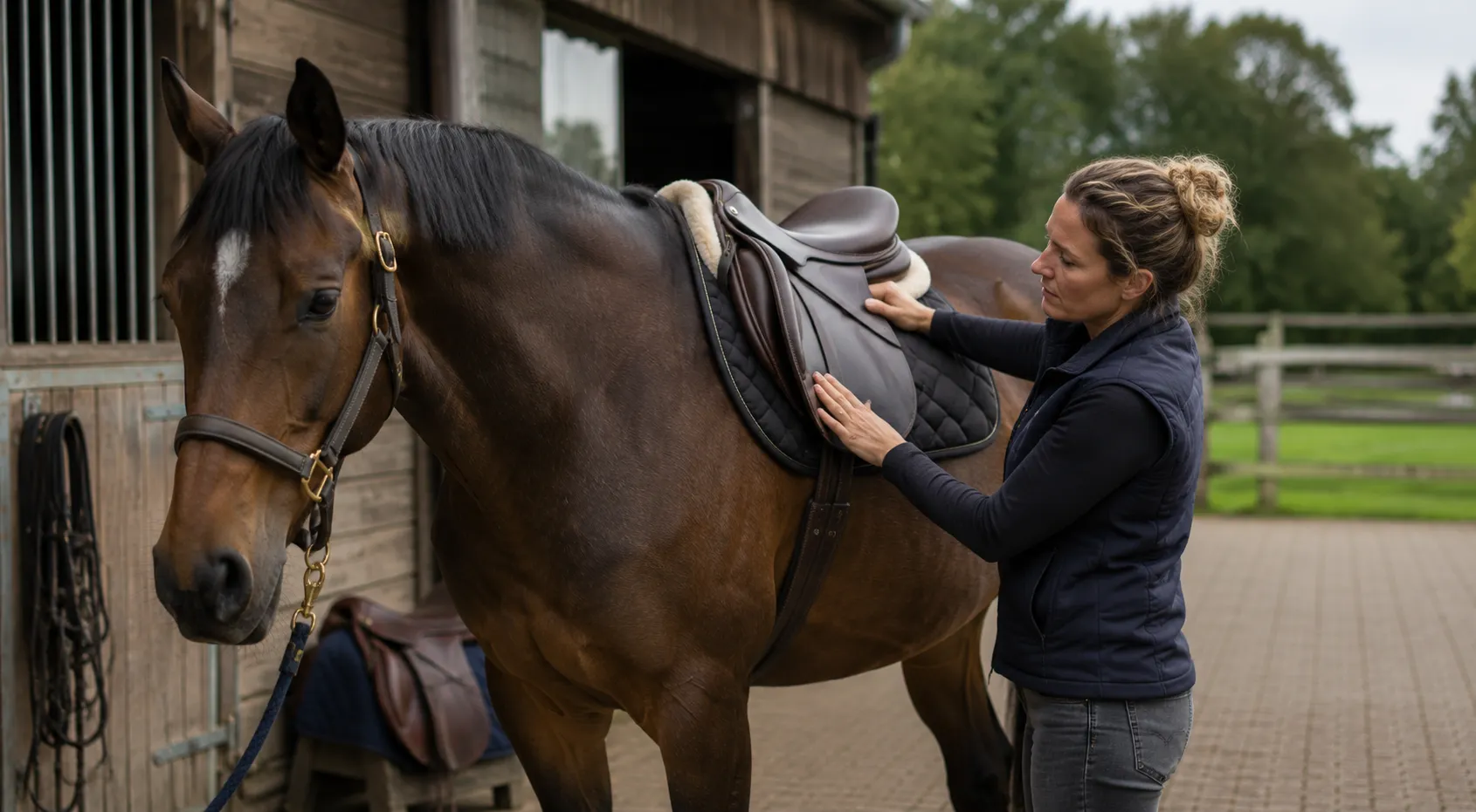 Een zadelpasser controleert de ligging van het zadel op de rug van een paard, bij de stal.