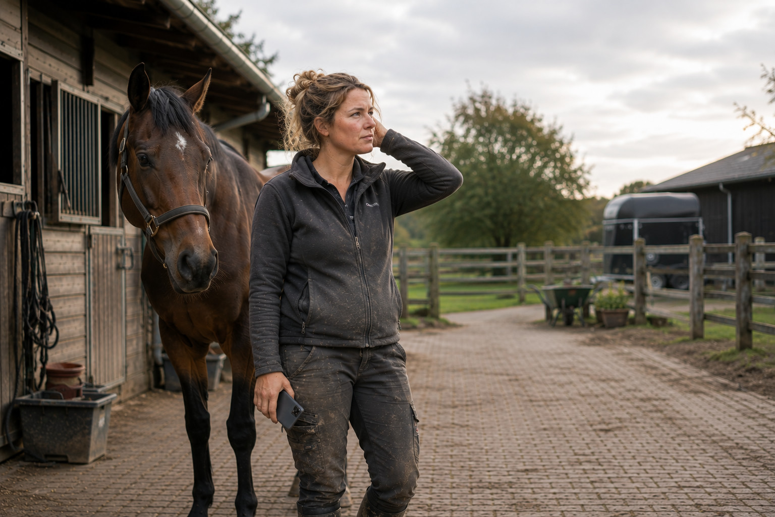 Een zelfstandige professional staat aan het einde van de werkdag naast haar paard op een Nederlands erf, telefoon in de hand, terwijl ze rustig en nadenkend voor zich uit kijkt. Op de achtergrond een houten stal, hekwerk en een paardentrailer.